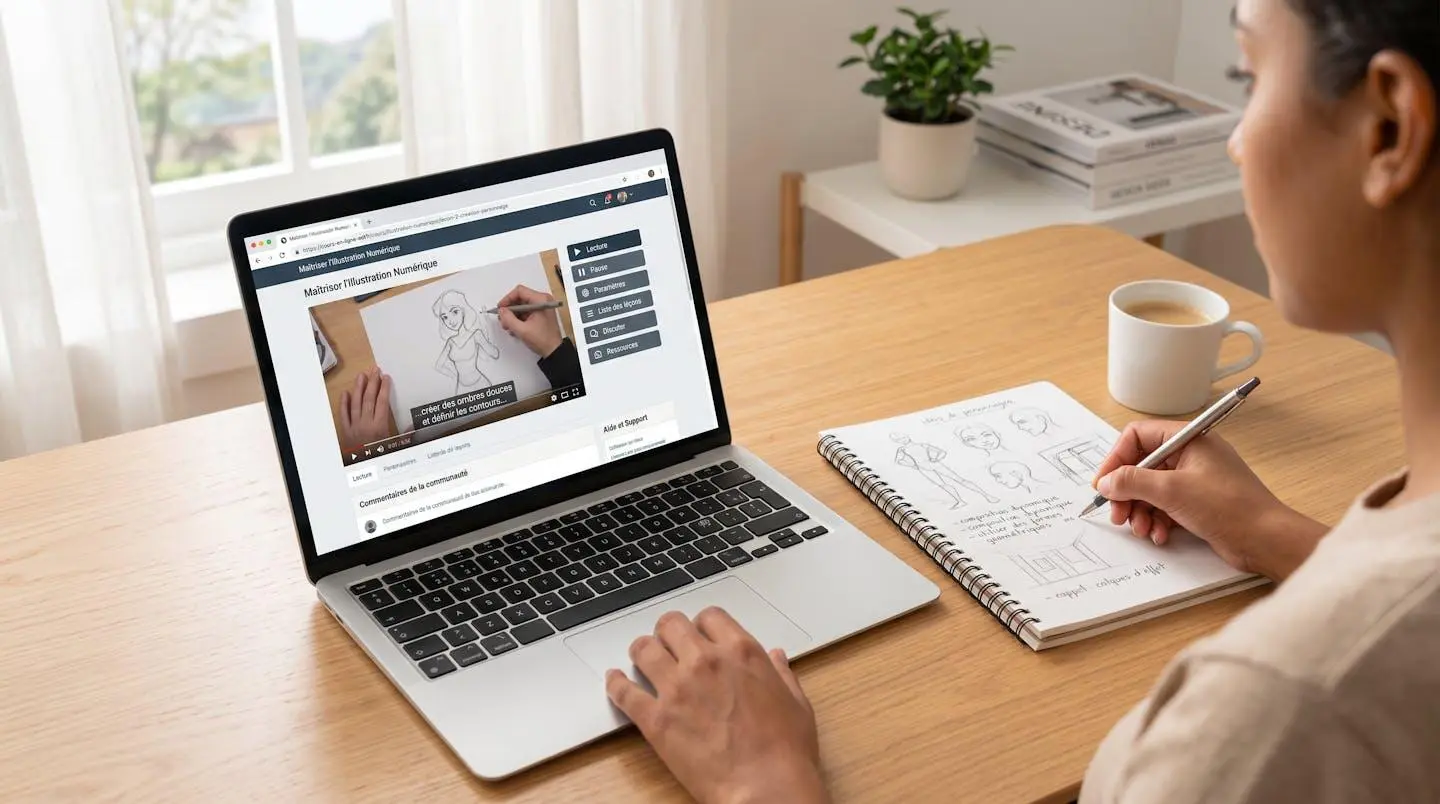 Étudiant suivant une formation en ligne de graphisme sur ordinateur portable avec carnet de croquis et tasse de café sur bureau lumineux