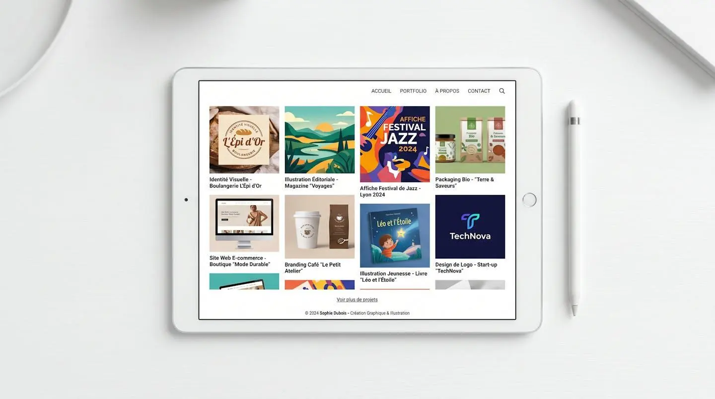 Tablette numérique affichant un portfolio en ligne avec grille organisée de projets graphiques et illustrations colorés sur bureau blanc