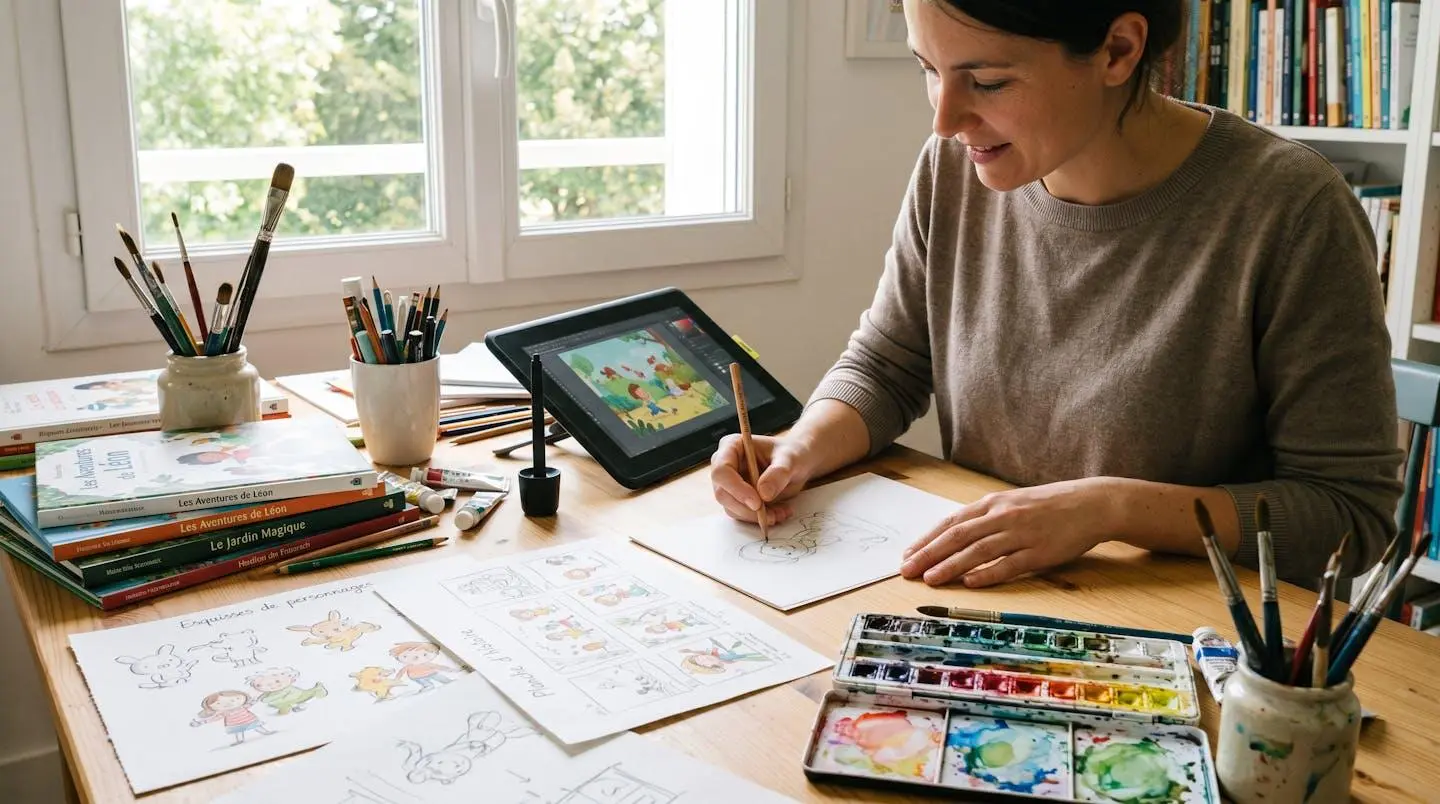 Bureau illustrateur avec planches colorées de personnages pour livre jeunesse, outils aquarelle traditionnels et tablette numérique, livres publiés en référence, ambiance créative lumineuse
