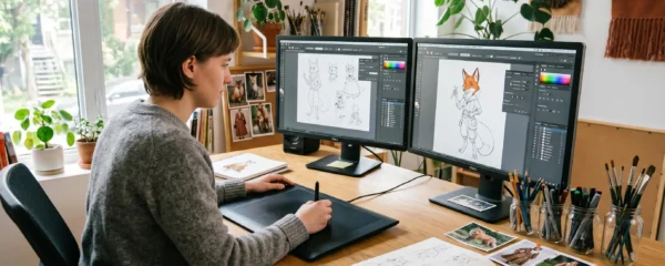 Illustrateur professionnel travaillant sur tablette graphique Wacom avec double écran affichant Adobe Illustrator en français, bureau avec carnets de croquis et matériel artistique dans atelier lumineux
