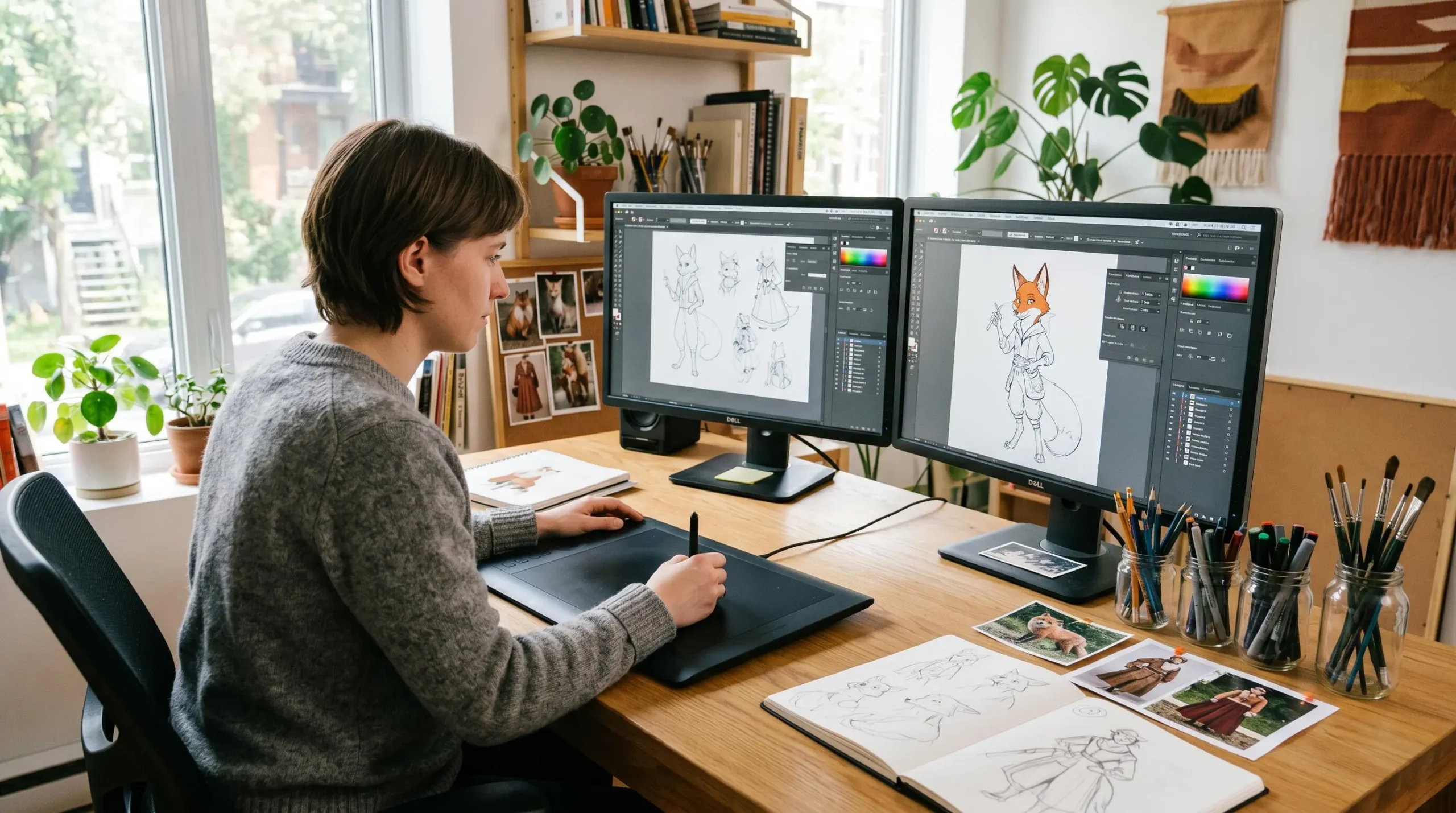Illustrateur professionnel travaillant sur tablette graphique Wacom avec double écran affichant Adobe Illustrator en français, bureau avec carnets de croquis et matériel artistique dans atelier lumineux