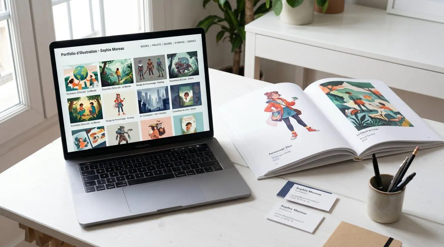 Ordinateur portable affichant site portfolio professionnel illustrateur en français avec grille projets diversifiés, portfolio imprimé ouvert à côté sur bureau blanc minimaliste